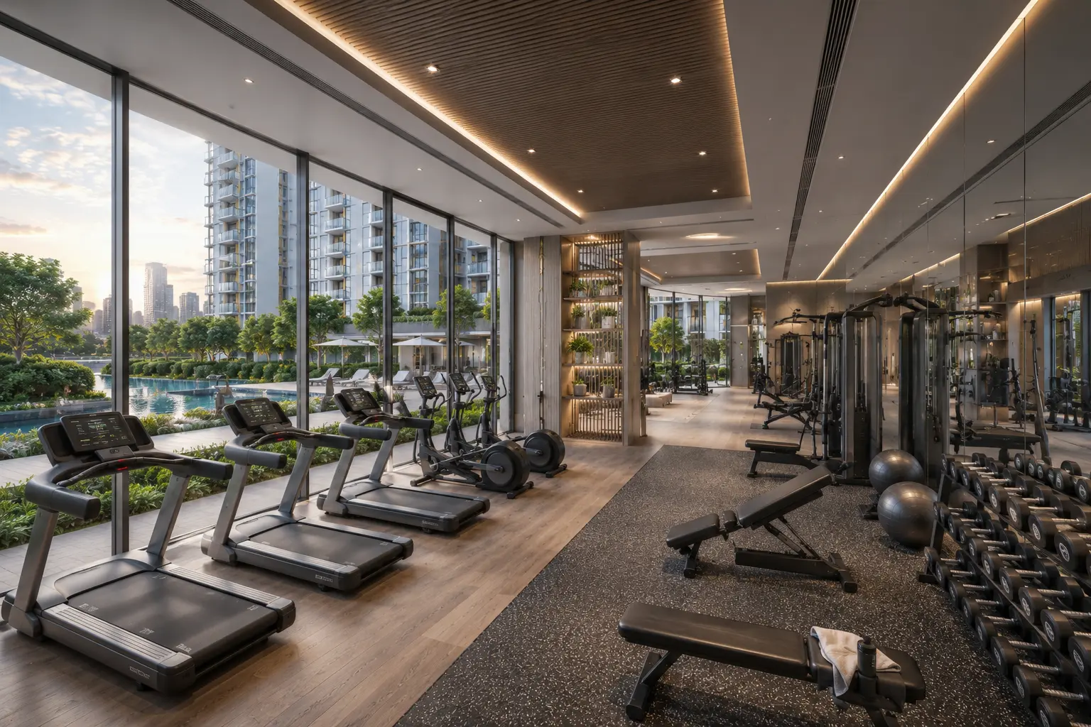 Kallang Close Residences — residents' gymnasium overlooking the pool deck and Kallang River, District 12 Singapore