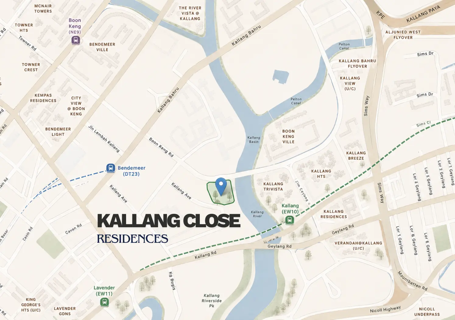 Location map of Kallang Close Residences in District 12 — the site sits on Kallang Close off Boon Keng Road beside the Kallang River, an 8-minute walk from Kallang MRT (EW10), a 10-minute walk from Bendemeer MRT (DT23), near Boon Keng MRT (NE9), Lavender MRT (EW11), Kallang Trivista, Kallang Riverside Park, the KPE and Nicoll Highway