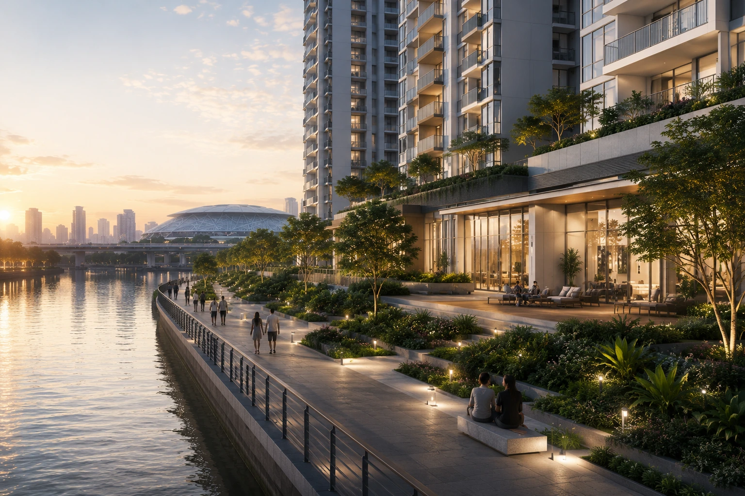 Kallang River Identity Corridor riverside promenade at Kallang Close Residences at dusk, with the National Stadium and Kallang Alive precinct visible across the river, District 12 Singapore